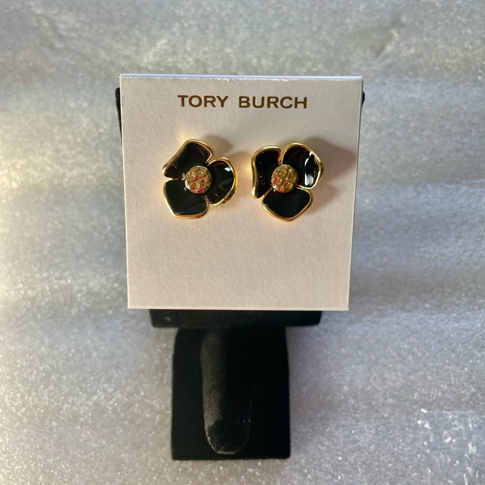 Tory Burch Black and Gold Flower Earrings BRAND NEW